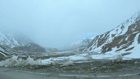4K shot of Thick layer of snow on side of road and snow covered mountains on winter day in Lahaul, Himachal Pradesh, India. Shot of winter landscape from moving car. Dark cloudy sky in Himalayas
 - Powered by Shutterstock - Get 15% off with code: PIKWIZARD15