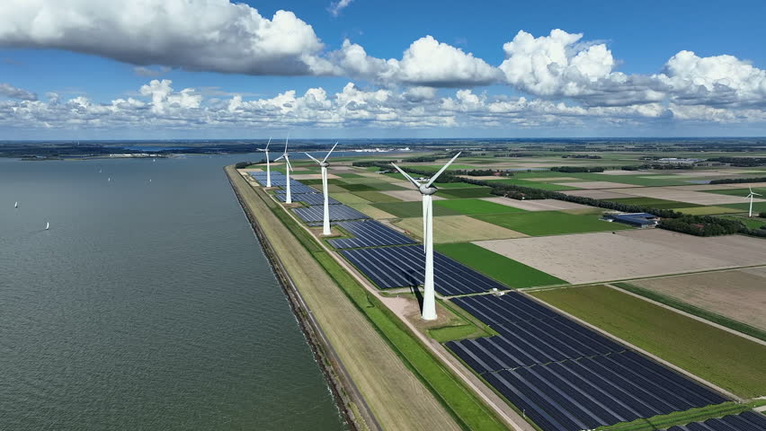 Aerial video from wind turbines and solar panels along the IJsselmeer in the Netherlands