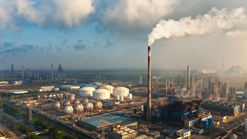 Aerial shot of an oil refinery and chemical plant industrial complex with smoke stacks emitting smoke, causing air pollution.
