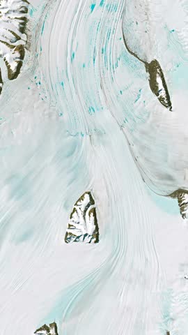 Panoramic shot on glacier flowing and melting. Camera is zooming in, rotating counterclockwise. Vertical video. Animation based on image by NASA