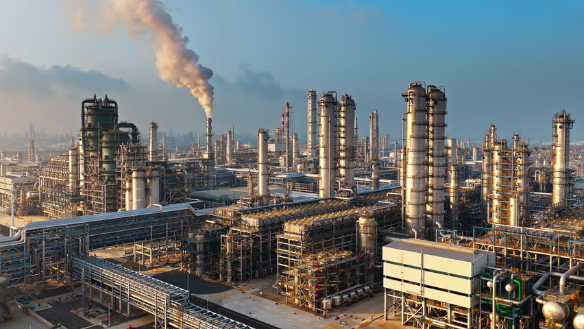 Aerial shot of an oil refinery and chemical plant industrial complex with smoke stacks emitting smoke, causing air pollution.