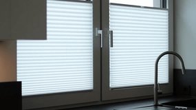 White pleated blinds on two windows in the kitchen, cloudy daylight outside  - Powered by Shutterstock - Get 15% off with code: PIKWIZARD15