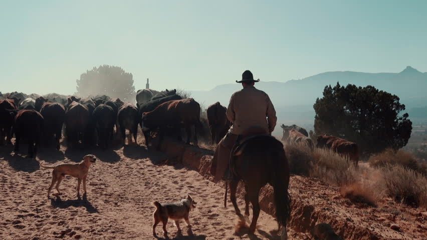 Cowboy herding cattle with horse and dog in beautiful mountainous landscape