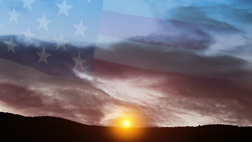 Veterans Day inscription on sunset or sunrise and USA flag background. Veterans Day, Memorial Day, Independence Day. USA celebration.