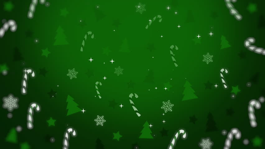 Stylized Christmas trees, snowflakes, candy canes, and stars scattered across green background. Winter frame with copy space. Loop animation.