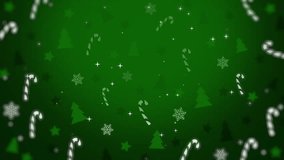 Stylized Christmas trees, snowflakes, candy canes, and stars scattered across green background. Winter frame with copy space. Loop animation. - Powered by Shutterstock - Get 15% off with code: PIKWIZARD15