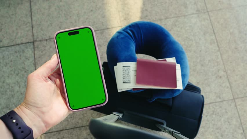 Woman with luggage standing with chroma key on her phone, passport, and boarding pass checking the schedule at the airport terminal. Concept of online taxi ordering, hotel transfer service. Green