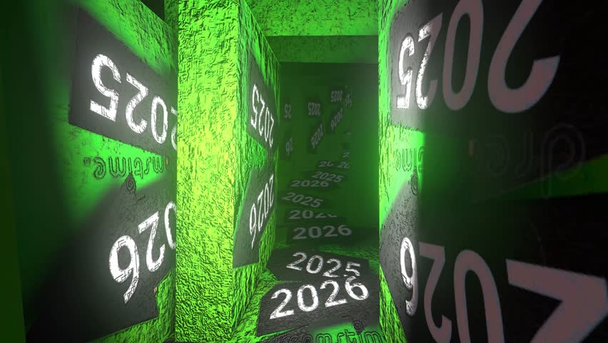 2026 New year animation in the empty tunnel. 2026 Happy new year greeting - Happy 2026 New year.