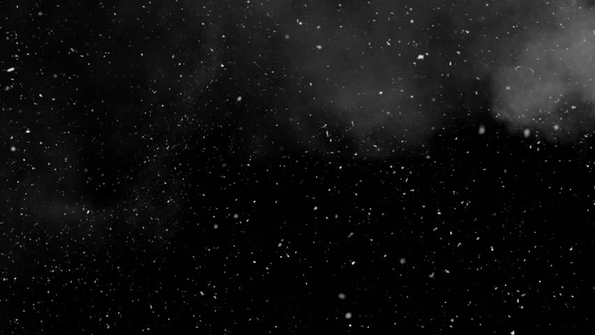 Super slow motion of natural snow falling with real atmospheric smoke isolated on black background, VFX effect