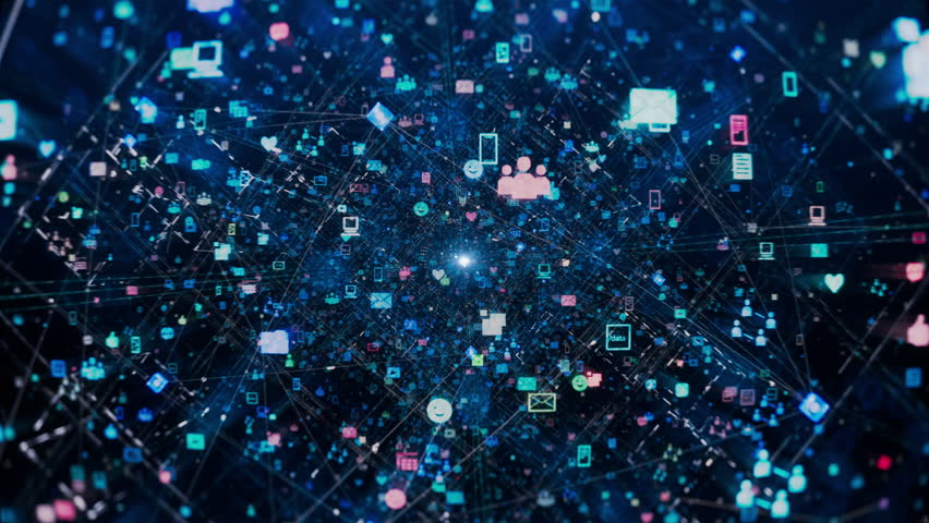 Flying Through Network of Colorful Icons, Connections and Nodes Illustrating Social Media Content and Complex Algorithms. AI Neural Network, Chatbot, Artificial Intelligence, and LLM Visualization