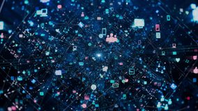 Flying Through Network of Colorful Icons, Connections and Nodes Illustrating Social Media Content and Complex Algorithms. AI Neural Network, Chatbot, Artificial Intelligence, and LLM Visualization - Powered by Shutterstock - Get 15% off with code: PIKWIZARD15