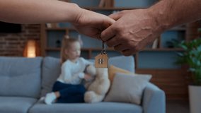 Caucasian family in own rental home male female hands holding bunch of keys daughter child kid girl with teddy bear tenant comfort renovation apartment insurance mortgage loan moving day accommodation - Powered by Shutterstock - Get 15% off with code: PIKWIZARD15