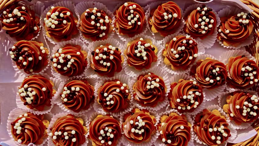 Overhead view of delicious cupcakes with swirled chocolate frosting and sprinkles