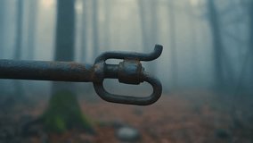 Close Up Of An Antique Rusty Skeleton Key Held Out In A Misty Autumn Forest With Brown Leaves On The Ground And Soft Blue Hazy Background Trees - Powered by Shutterstock - Get 15% off with code: PIKWIZARD15