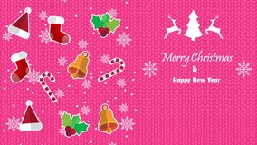 4k animation of festive pink christmas background with Santa hats, stockings, bells, candy canes, holly, snowflakes, and greeting text for a cheerful holiday and new year celebration. - Powered by Shutterstock - Get 15% off with code: PIKWIZARD15