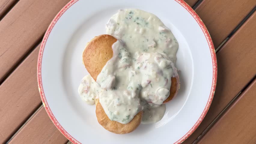 Rotating Plate of Southern Sausage Gravy on Biscuits 