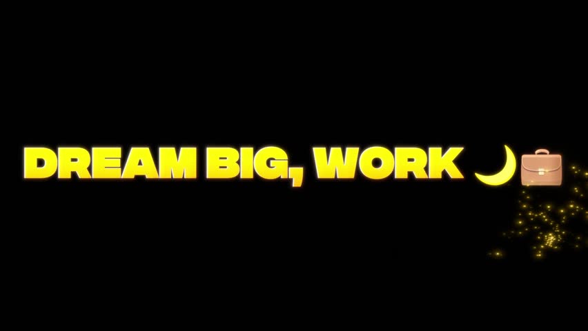 A bold motivational quote animation featuring the text “Dreams Big, Work” on a clean black background. Designed with minimal and modern typography, this inspiring video highlights ambition, focus, and