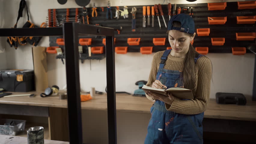 A female repairman taking notes in a notebook while working in a home workshop or old garage