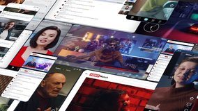 Multi Layered Collage of Screens Displaying Vlogs, News Reports, Streaming Feeds, and Stock Market Charts. Concept Digital Saturation, Modern Media Consumption, Information Overload, Online Lifestyle. - Powered by Shutterstock - Get 15% off with code: PIKWIZARD15