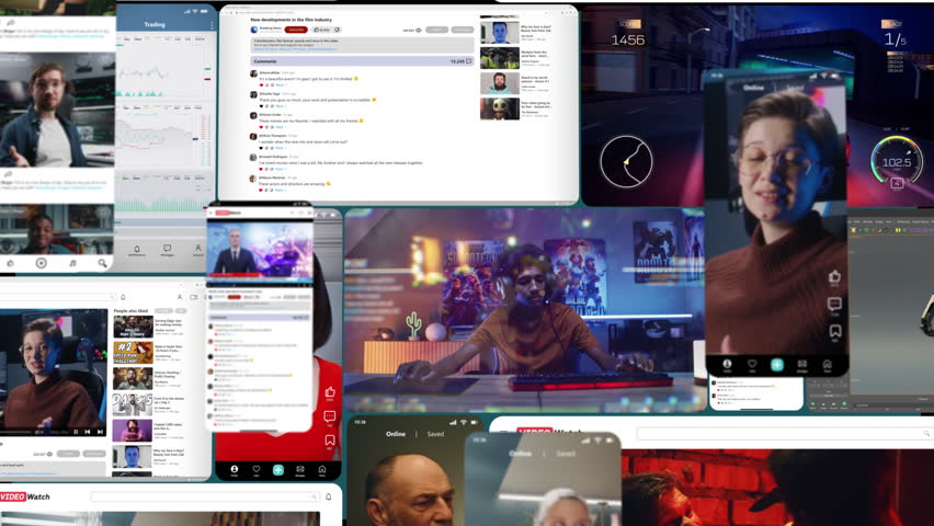 Fast Moving Montage of Social Media Clips, Film Scenes, Live Streams, and Financial Data Displays. Hyperconnected Digital Culture, Constant Content Flow, and Attention Fragmentation in Online Era.