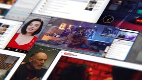 Dynamic Overlay of Multiple Video Screens Shows Fast Paced Social Media Content Like Dancing and Vlogging. Concept of Digital Immersion and Content Overload, Online Entertainment, Addiction. - Powered by Shutterstock - Get 15% off with code: PIKWIZARD15