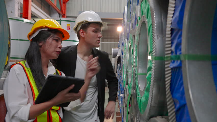 group of diversity Caucasian male manager and an Asian female engineer working with tablet inspect large metal coils in warehouse digital inventory check quality control industrial management teamwork