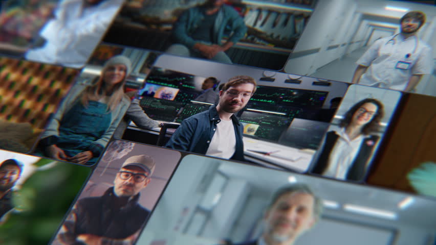 Visual Mosaic of Workers Across Multiple Fields. Chefs, Office Specialists, Farmers, and Safety Workers Appear in Fast Moving Montage. Concept of Productivity, Dedication, and Modern Job Culture.