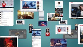 Digital Content Overload Multiple Screens With Trading, Gaming, Vlogs. Dynamic Collage of Displays Wide Range of Digital Content. Concept of Content Volume, Multitasking, and Media Consumption Habits. - Powered by Shutterstock - Get 15% off with code: PIKWIZARD15