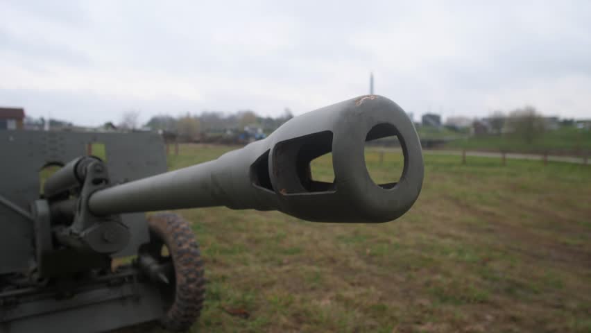 wide shot artillery barrel muzzle pointing across training range, static carriage on grass, overcast sky, tactical readiness vibe, crew drill and demonstration context suggested, textured