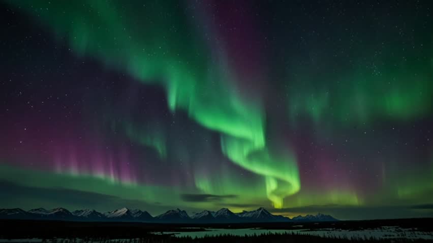 A stunning night view of the Aurora Borealis, a vibrant green and purple light, over snow-capped mountains and forests. A spectacular natural phenomenon in the polar regions.