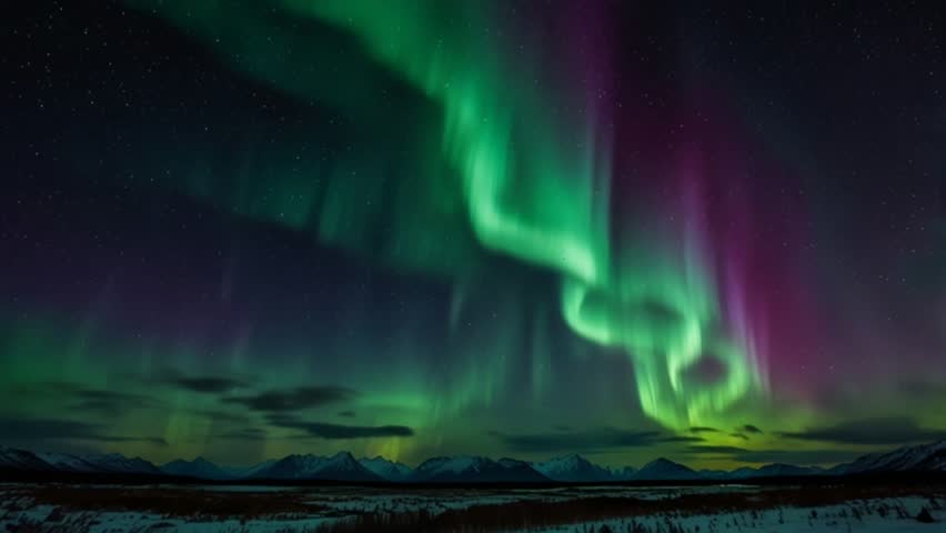 A stunning night view of the Aurora Borealis, a vibrant green and purple light, over snow-capped mountains and forests. A spectacular natural phenomenon in the polar regions.