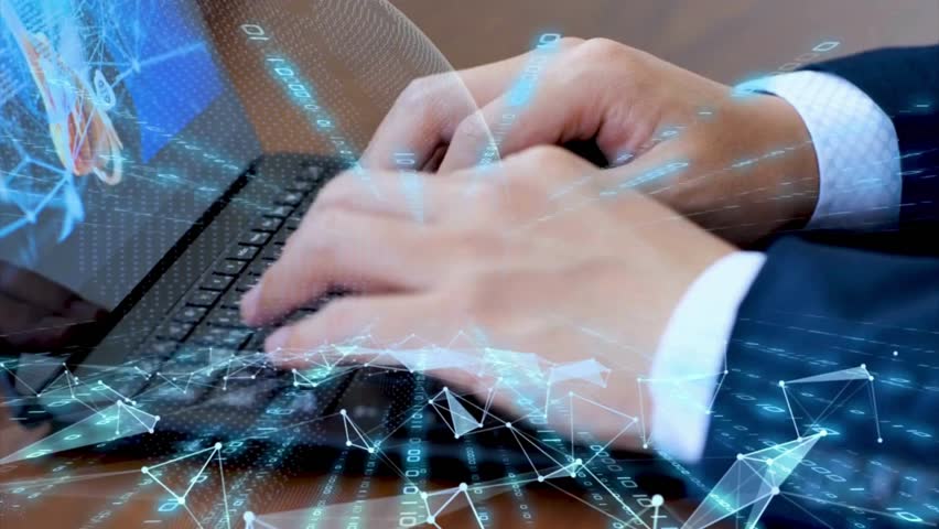 Businessman Typing on Laptop with Futuristic Digital Interface - Powered by Shutterstock - Get 15% off with code: PIKWIZARD15