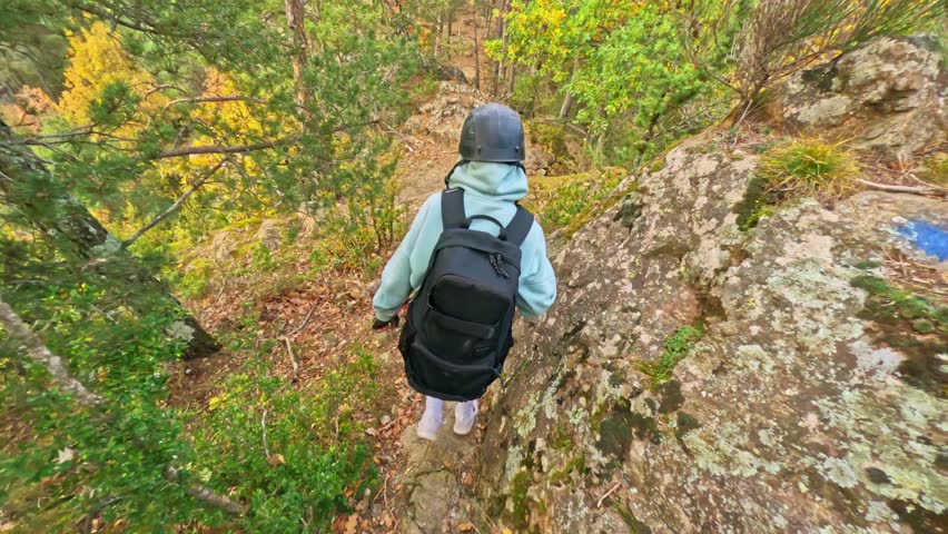 Solo Hiker Walking Through Green Forest Trail