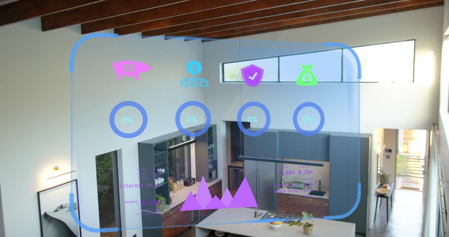 On startup AR HUD appearing, animating gauges and chart, updating values showing home data. Augmented, reality, holographic, translucent, dashboard, indicators, kitchen