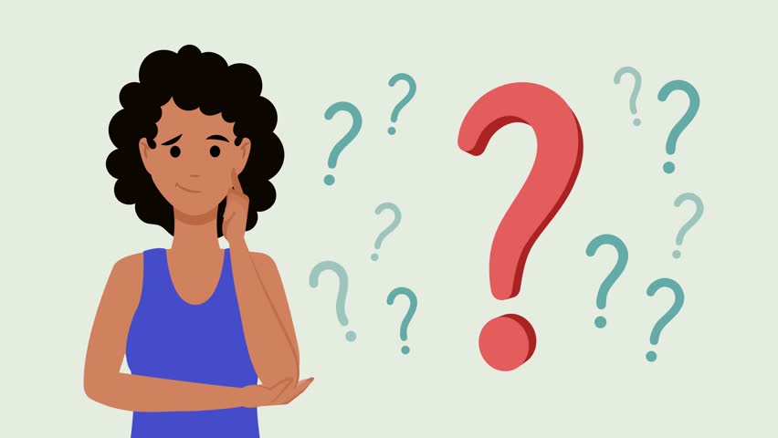 Cartoon animation of a pensive african american woman thinking with many question marks appearing. Concept of doubt, choice, and problem solving.