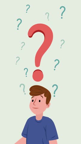 Cartoon character thinking with question marks over his head. Male person having a doubt and finding a solution or an innovative idea.
