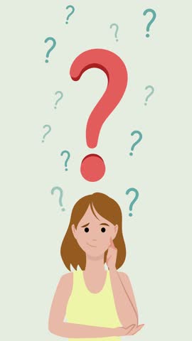 Puzzled woman with a thoughtful expression looking for a solution. Animated question marks surround her head, finally turning into an exclamation mark.