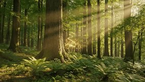 Cinematic 8-second loop showing golden sunlight filtering through tall forest trees, with soft shimmering light particles moving upward in natural motion, captured in crisp focus and balanced tone. - Powered by Shutterstock - Get 15% off with code: PIKWIZARD15