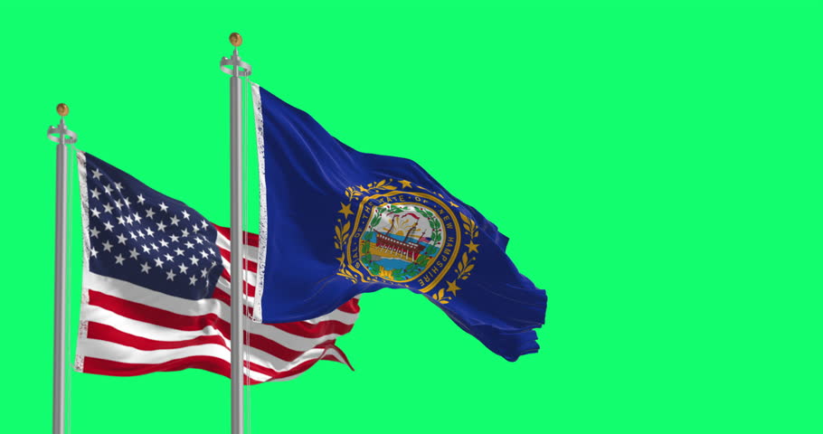 The New Hampshire and United States flags waving isolated on green background. Seamless 3D render animation. Chroma key. Slow motion loop. Green screen. 4K. Selective focus