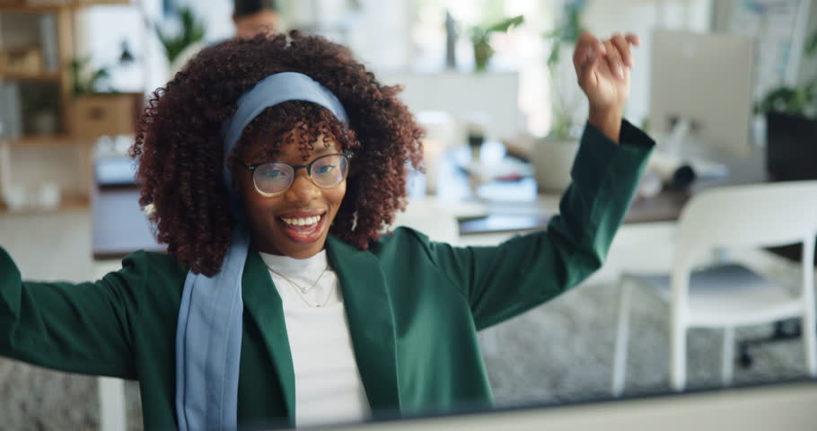 Woman, rest or stretching in office with smile for break, productive day or finish news report. Coworking, writer and person relax in workplace for article submission, complete project or media task.