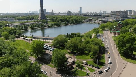 Aerial Drone View of Ostankino Pond in Moscow Cityscape