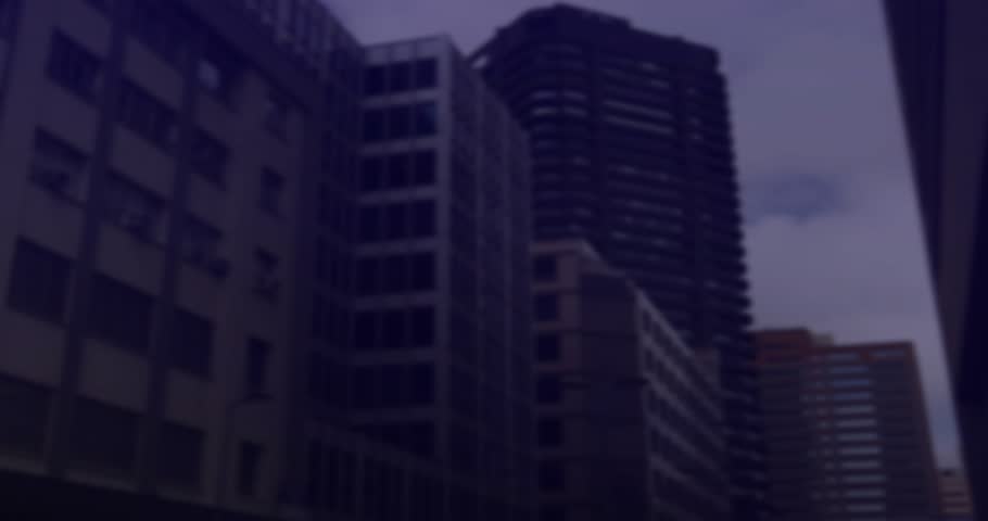 HUD animating as camera parallax shifting starting scanning bar hotspots pulsing showing map status. Holographic, overlay, ar, skyline, reflections, neon, glass