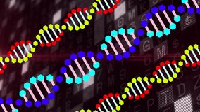 Three DNA helices drifting and oscillating over data grid, red motif sparking flares showing years. Genomics, spiral, triad, honeycomb, matrix, crimson, orb - Powered by Shutterstock - Get 15% off with code: PIKWIZARD15