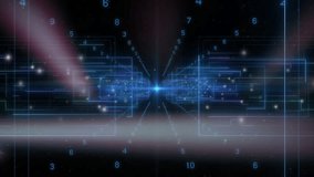 Central blue point pulsing, sending beams as digits cascading and band sweeping, showing data flow. Digital, tunnel, neon, stream, circuitry, glow, futuristic - Powered by Shutterstock - Get 15% off with code: PIKWIZARD15