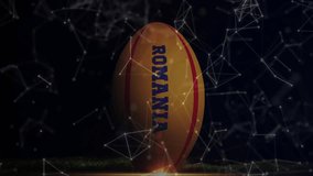 Scene opening on ROMANIA ball turning, network icons sliding in boot nudging ball fading to devices. Rugby, turf, night, overlay, glyphs, tablet, laptop - Powered by Shutterstock - Get 15% off with code: PIKWIZARD15