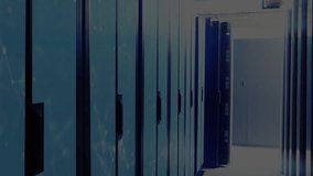 Server racks staying fixed, spark bursts appearing left expanding across aisle showing data flow. Cabinet, corridor, blue, glow, neon, particles, fireworks - Powered by Shutterstock - Get 15% off with code: PIKWIZARD15