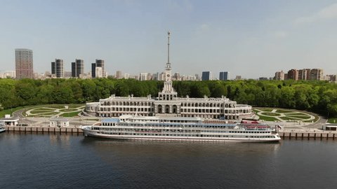 Aerial Drone Flight Over River in Moscow