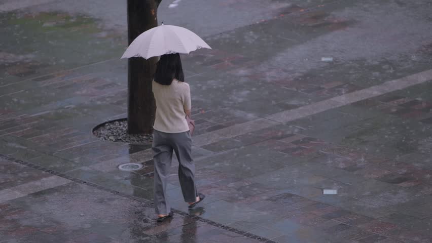 Slow motion of a pedestrian crossing a curved walkway with an umbrella in the rain near Hakata Station, surrounded by green trees and reflective wet surfaces