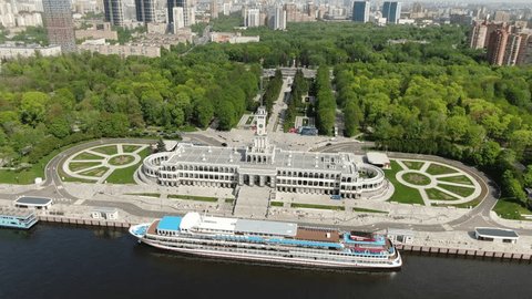 Aerial Drone Orbit of North River Terminal in Moscow