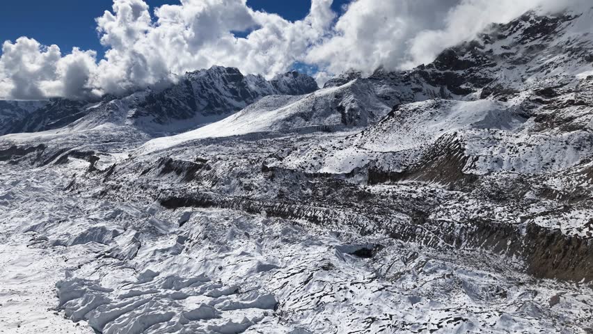 Drone flight over Everest Base Camp in The Himalayas, Nepal